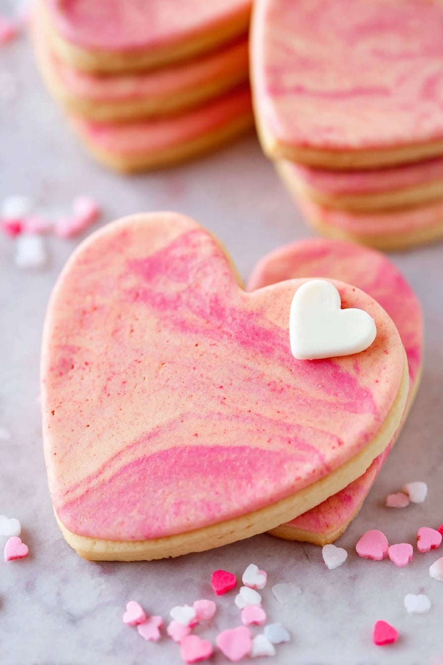 The image shows several heart-shaped cookies with a smooth, pale pink coating that has subtle darker pink speckles all over. The cookies are stacked and also scattered on a white marbled surface. The texture of the coating looks soft and matte with a slight sheen, giving the cookies a delicate appearance. Some round cookies with the same pink color are visible in the foreground, one of which has a small pink heart-shaped decoration on top. The background is bright and softly blurred, emphasizing the cookies in the front. photo taken with an iphone --ar 2:3 --v 7 - Pink White Chocolate Fudge, white chocolate fudge, pink fudge recipe, easy festive treats, homemade chocolate fudge