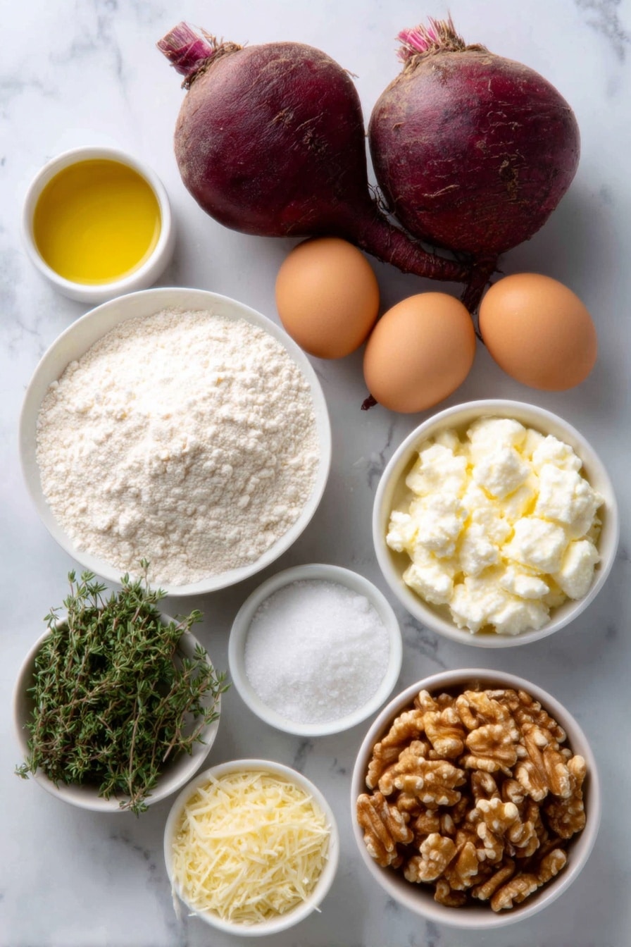 Flat lay of two medium-size fresh beets with deep red skin, a small white ceramic bowl filled with glossy olive oil, two whole brown eggs with smooth clean shells, one small white ceramic bowl of all-purpose flour in a soft mound, a small white ceramic bowl of fine salt crystals, a small white ceramic bowl holding fluffy white ricotta cheese, a small pile of finely chopped fresh green thyme leaves, a small white ceramic bowl with finely grated pale yellow parmesan cheese, a small white ceramic bowl of unsalted butter cubes, a small white ceramic bowl with bright green chopped sage leaves, and a small white ceramic bowl of toasted walnuts with golden brown color placed on a clean white marble surface, soft natural light, photo taken with an iPhone, professional food photography style, fresh ingredients, white ceramic bowls, no bottles, no duplicates, no utensils, no packaging --ar 2:3 --v 7 --p m7354615311229779997 - Heart Beet Ravioli with Sage Brown Butter, beet ravioli, homemade beet pasta, sage brown butter, beet filled pasta