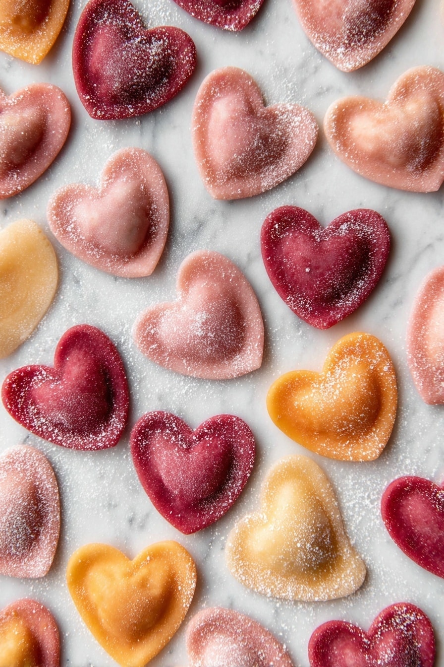 A white bowl sits on a white marbled surface filled with three layers of heart-shaped ravioli in shades of light pink, medium pink, and deep red, slightly glossy and smooth in texture. Small pieces of walnuts and tiny green herb leaves are scattered evenly on top of the ravioli. Fresh thyme sprigs form a small bundle on the lower left side inside the bowl, while two fresh sage leaves rest on top of the ravioli on the right side. A gold fork is placed on the right edge of the bowl. In the background, a small wooden bowl filled with white salt is visible near the top right corner, and scattered thyme sprigs complete the composition. Photo taken with an iphone --ar 2:3 --v 7 - Heart Beet Ravioli with Sage Brown Butter, beet ravioli, homemade beet pasta, sage brown butter, beet filled pasta