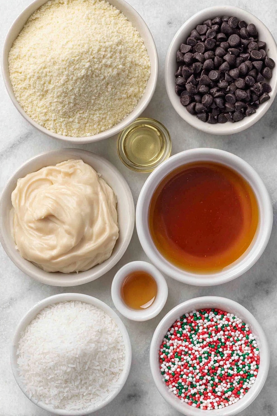 Flat lay of a small mound of pale almond flour, a smooth dollop of creamy cashew butter, a small white bowl filled with amber maple syrup, a small heap of fine white coconut flour, a tiny white bowl holding golden maple syrup, a tiny white bowl with clear vanilla extract, a small pinch of fine salt on the surface, a small white bowl filled with mini dark chocolate chips, and a small white bowl with colorful round sprinkles, all arranged symmetrically around a simple white ceramic bowl, placed on a clean white marble surface, soft natural light, photo taken with an iPhone, professional food photography style, fresh ingredients, white ceramic bowls, no bottles, no duplicates, no utensils, no packaging --ar 2:3 --v 7 --p m7354615311229779997 - Vegan Cookie Dough Hearts, healthy vegan cookie dough, gluten-free cookie dough treats, easy vegan desserts, vegan sweet snacks