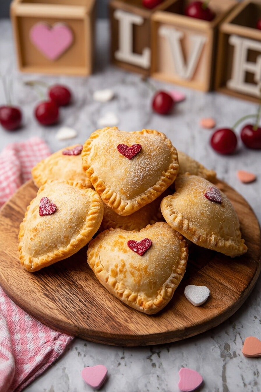 The image shows several heart-shaped hand pies with a golden-brown crust placed on a white marbled surface. Each pie has a small red heart decoration on top. One pie is bitten, revealing a bright red fruit filling with a glossy and smooth texture inside. The crust looks flaky and slightly crispy around the edges. The hand pies are arranged casually, with some slightly overlapping. Photo taken with an iphone --ar 2:3 --v 7 - Heart Shaped Cherry Pie Hand Pies, Cherry Pie Hand Pies, Valentine's Day Hand Pies, Heart-Shaped Dessert Recipes, Festive Cherry Pastries