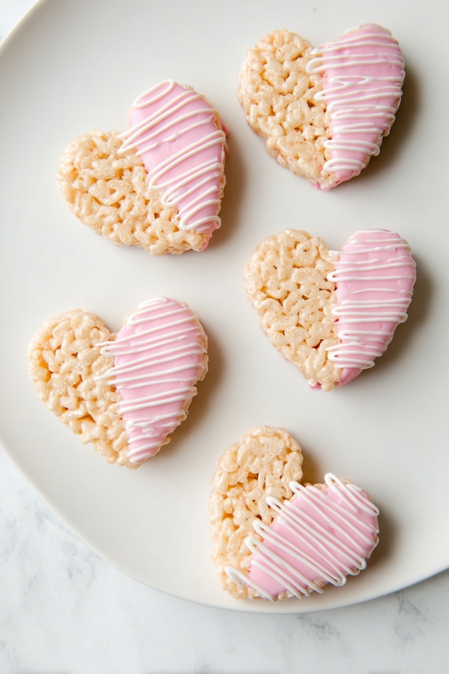 Five heart-shaped crispy rice treats are placed on a white plate over a white marbled background. Each treat is half covered with a smooth pink layer, while thin white drizzle lines decorate the pink coating. The exposed half shows the light tan crispy rice texture, forming an airy pattern. The hearts are evenly spaced, with soft shadows underneath them, creating a clean and bright look. photo taken with an iphone --ar 2:3 --v 7 - Chocolate Dipped Heart Rice Krispies Treats, Valentine’s Day Rice Krispies Treats, Heart-Shaped Rice Krispies, Easy Holiday Dessert, Kids' Party Treats