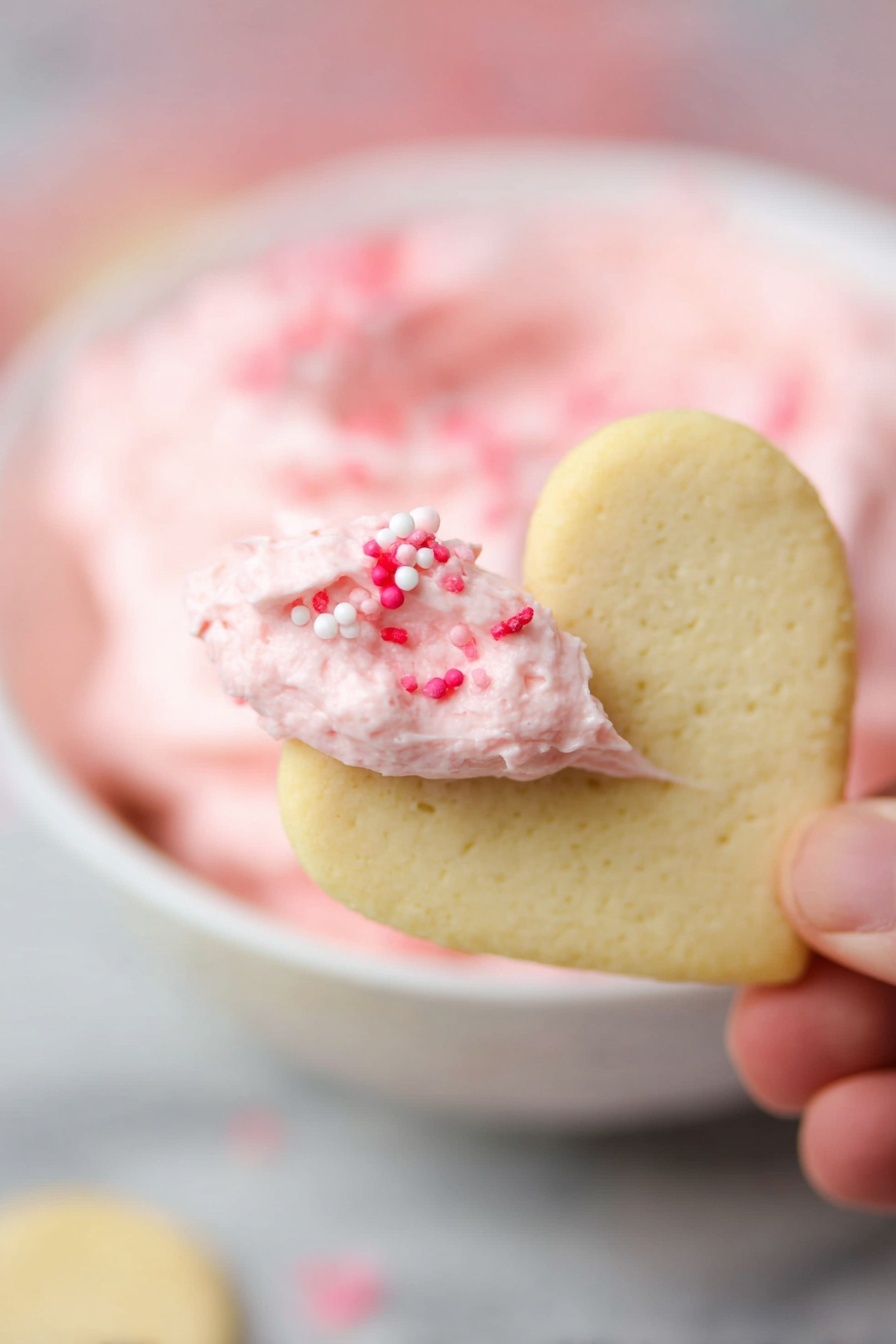 A white bowl filled with pink whipped frosting topped with small heart-shaped sprinkles in red, pink, and white colors. Standing upright in the frosting is a light golden brown heart-shaped cookie with a smooth texture. Around the bowl lies a layer of similar light golden brown round cookies. The whole scene is set against a soft pink background and a white marbled surface is partly visible. photo taken with an iphone --ar 2:3 --v 7 - Valentine Heart Cookies with Cream Cheese Dip, Valentine's Day cookie recipe, heart-shaped cookies and dip, festive Valentine's treats, easy romantic recipe