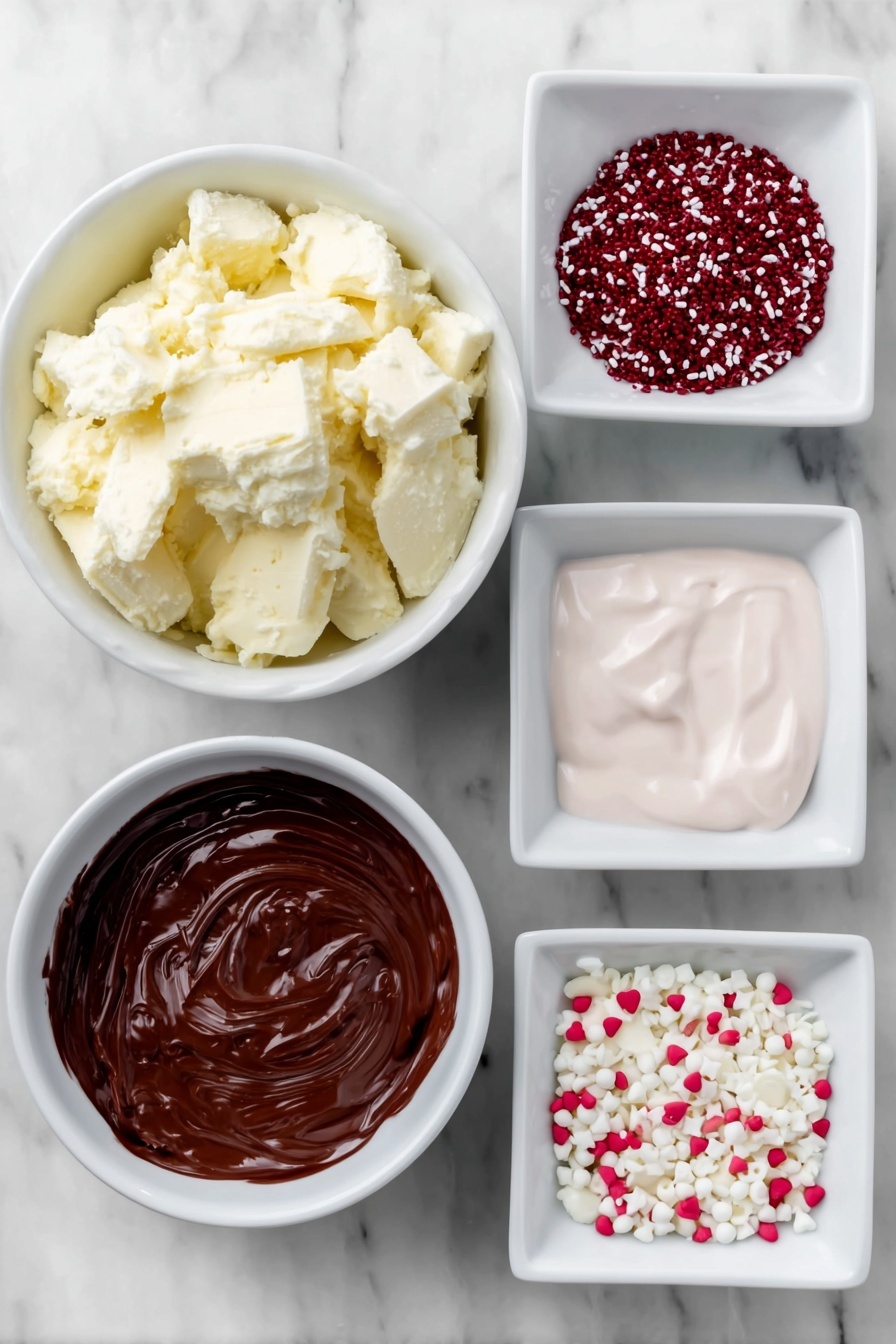 Flat lay of white almond bark chunks in a simple white ceramic bowl, small white bowls each with smooth melted pink chocolate and red chocolate, a scattering of colorful round and heart-shaped sprinkles neatly arranged on a white ceramic plate, all ingredients fresh and natural, perfectly balanced symmetrical layout, placed on a clean white marble surface, soft natural light, photo taken with an iPhone, professional food photography style, fresh ingredients, white ceramic bowls, no bottles, no duplicates, no utensils, no packaging --ar 2:3 --v 7 --p m7354615311229779997 - Valentine Lollipop Treats With Melted Chocolate, festive Valentine's candies, easy Valentine's dessert ideas, homemade Valentine's chocolates, kids' Valentine's party treats