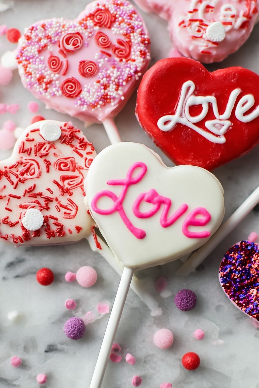 A white heart-shaped lollipop covered with a smooth white chocolate layer, decorated with various small sprinkles in pink, red, and white colors including tiny hearts, dots, and rods scattered evenly across the surface. A woman's hand holds the lollipop by the bottom of its white stick. The background features a soft-focused white marbled surface with blurred pink and red heart-shaped treats and decorations, adding a festive and colorful atmosphere. Photo taken with an iphone --ar 2:3 --v 7 - Valentine Lollipop Treats With Melted Chocolate, festive Valentine's candies, easy Valentine's dessert ideas, homemade Valentine's chocolates, kids' Valentine's party treats