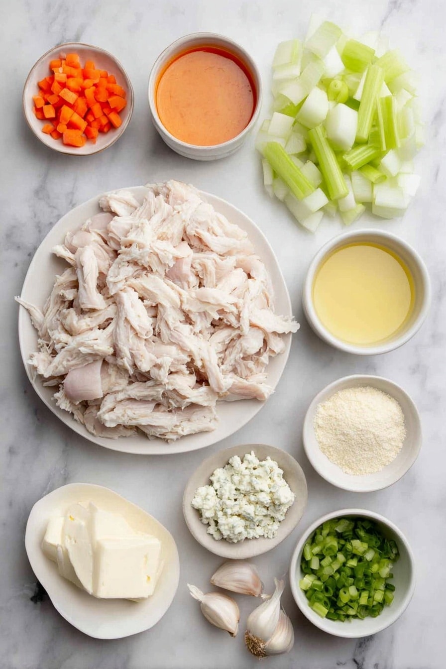 Flat lay of boneless skinless chicken breasts shredded into pieces, a small pile of diced orange carrots, a few diced celery sticks, a heap of diced white onion, three whole garlic cloves unpeeled, a small white bowl with bright orange buffalo wing sauce, a small white bowl filled with golden melted butter, a small white bowl holding creamy white heavy cream, a small white bowl with smooth cream cheese block, a small white bowl filled with pale yellow gluten-free flour, a small mound of ranch seasoning powder, a few chopped green onion sprigs, and small crumbles of white feta cheese all arranged with perfect symmetry on simple white ceramic dishes placed on a clean white marble surface, soft natural light, photo taken with an iPhone, professional food photography style, fresh ingredients, white ceramic bowls, no bottles, no duplicates, no utensils, no packaging --ar 2:3 --v 7 --p m7354615311229779997 - Creamy Buffalo Chicken Soup, spicy buffalo chicken soup, easy buffalo chicken soup, comforting chicken soup, creamy hot chicken soup