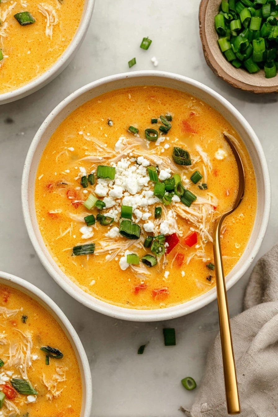 The image shows a close-up of a white bowl filled with creamy orange soup that contains small orange chunks and shredded bits throughout. On top, there is a layer of small white crumbly cheese pieces, garnished with sliced bright green scallions, adding a fresh look. A bronze-colored spoon is placed inside the bowl, leaning against the side. In the background, there is a second white bowl with the same soup, and the whole scene rests on a white marbled surface. Photo taken with an iphone --ar 2:3 --v 7 - Creamy Buffalo Chicken Soup, spicy buffalo chicken soup, easy buffalo chicken soup, comforting chicken soup, creamy hot chicken soup