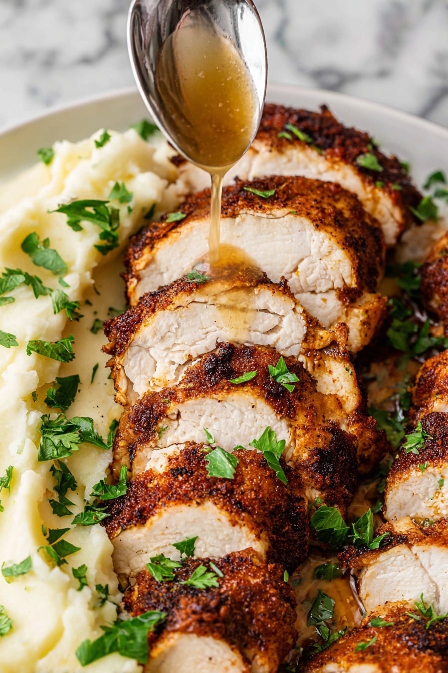 An oval white plate holds a dish with two main layers. The bottom layer is a creamy, pale yellow mashed potato spread that covers about half of the plate with a soft, slightly textured surface. On one side, neatly placed slices of dark brown, well-seasoned cooked chicken form the second layer, fanned out and overlapping each other, showing tender white meat inside. Fresh green chopped herbs are sprinkled over the chicken slices, adding color contrast. The plate is set on a white marbled surface with a light cream-colored cloth partially visible underneath. Nearby, there is a small white bowl with dark brown sauce and a spoon inside, and another small white dish with more green herbs. Photo taken with an iphone --ar 2:3 --v 7 - Cajun Air Fryer Turkey Tenderloins, Cajun Turkey Tenderloin Ideas, Air Fryer Turkey Recipes, Spicy Turkey Main Dish, Easy Air Fryer Dinner