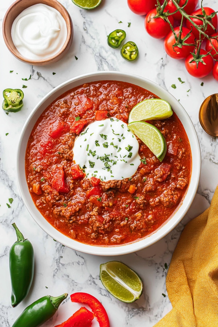 The image shows a white bowl filled with a thick, chunky red chili. The chili has a rich, textured surface with visible pieces of tomato and green peppers mixed with ground meat, all topped with small sprinkles of chopped green herbs. A silver spoon with a patterned handle rests inside the bowl, slightly digging into the chili, creating a small swirl. Around the bowl on a white marbled surface there are lime wedges, green leafy herbs, and blurred background elements like cherry tomatoes, a small white bowl with a white creamy sauce, and another bowl of chili. Photo taken with an iphone --ar 2:3 --v 7 - No Bean Chili with Ground Turkey and Beef, hearty meat chili recipe, bean-free chili, quick chili dinner recipe, flavorful ground meat chili