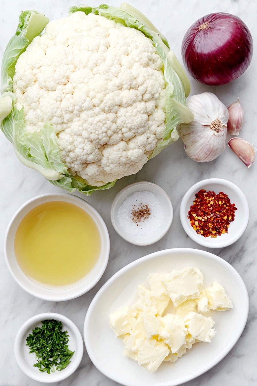 Flat lay of a medium head of fresh cauliflower with green leaves, two small whole red onions with glossy skins and slight root ends, three whole uncracked garlic cloves, a small white ceramic bowl of golden olive oil, a small white ceramic bowl of coarse salt crystals, a small white ceramic bowl containing ground black pepper, a small white ceramic bowl with bright red cayenne pepper powder, a small white ceramic bowl holding light brown ground nutmeg, a small white ceramic bowl filled with clear chicken broth, two tablespoons of creamy yellow butter patts on a simple white ceramic dish, a small white ceramic bowl with vibrant red chili flakes, a small white ceramic bowl packed with freshly chopped bright green parsley, and a small pile of golden crispy bread croutons arranged neatly on a simple white ceramic plate, all placed on a clean white marble surface, soft natural light, photo taken with an iPhone, professional food photography style, fresh ingredients, white ceramic bowls, no bottles, no duplicates, no utensils, no packaging --ar 2:3 --v 7 --p m7354615311229779997 - Creamy Roasted Cauliflower Soup, roasted cauliflower soup, vegan cauliflower soup, healthy cauliflower soup, easy cauliflower soup recipe