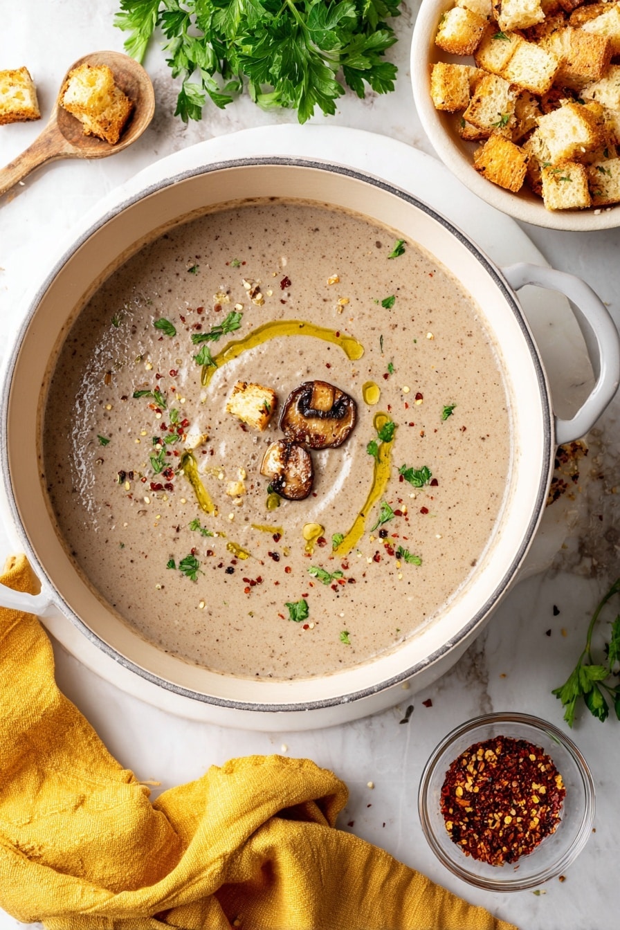 A white pot filled with creamy light brown mushroom soup with a smooth texture sits on a white marbled surface. The soup has a swirl of olive oil on top with small green herb pieces, cracked black pepper, and red chili flakes scattered throughout. Two small roasted mushroom pieces rest in the center. To the right is a white bowl filled with golden brown croutons, and below it is a small clear bowl containing crushed red pepper flakes. A yellow cloth napkin is draped on the left side, with a wooden spoon partially visible under it. In the top left corner, fresh green parsley rests on the white marbled surface. Photo taken with an iphone --ar 2:3 --v 7 - Creamy Roasted Cauliflower Soup, roasted cauliflower soup, vegan cauliflower soup, healthy cauliflower soup, easy cauliflower soup recipe