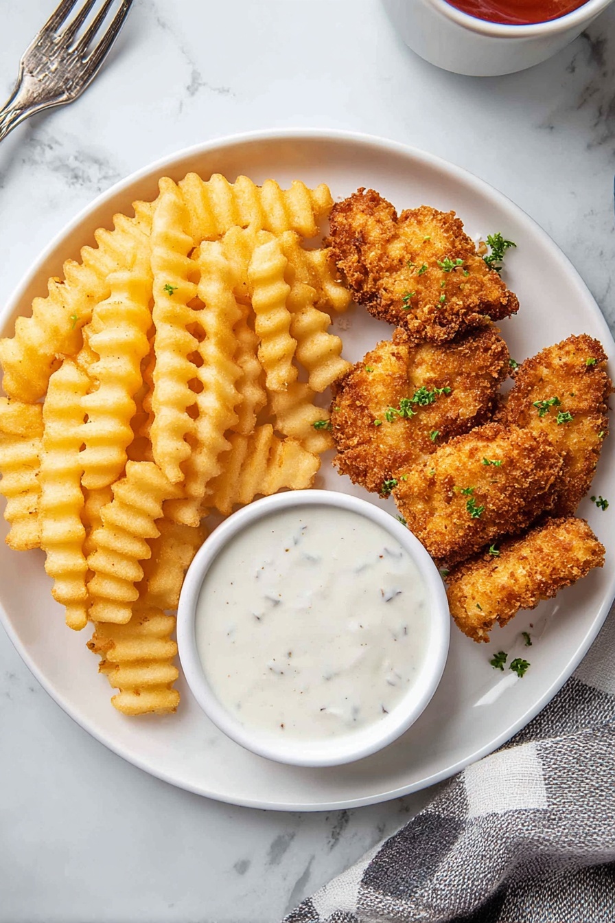 A white plate sits on a white marbled surface, holding three crispy, golden brown fried strips shaped roughly like rectangles, garnished with small bits of green herbs. One fried strip rests on the edge of a small white bowl filled with thick, creamy white sauce with specks of seasoning. Below the bowl are several golden crinkle-cut fries with a crunchy texture. The overall scene focuses close up on the food, showing the contrast of crunchy, textured fried coating and smooth sauce, with soft natural light highlighting the warm colors. photo taken with an iphone --ar 2:3 --v 7 - Gluten-Free Fish and Chips, gluten-free fish and chips recipe, crispy gluten-free fish, homemade gluten-free fish and chips, gluten-free seafood dinner