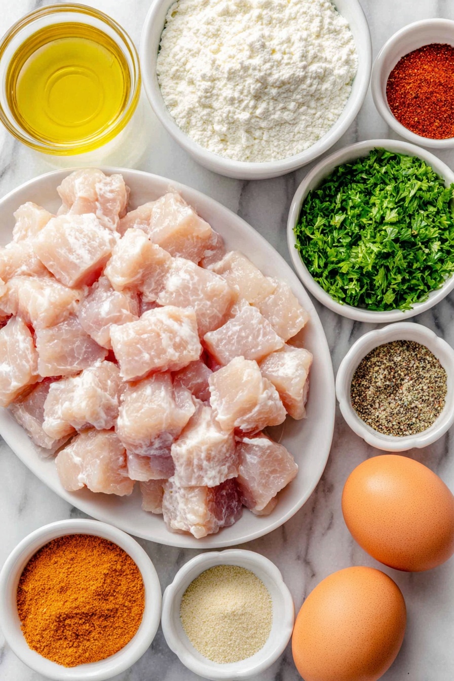 Flat lay of raw chicken tenders cut into bite-sized pieces arranged neatly on a simple white ceramic plate, a small white ceramic bowl filled with creamy buttermilk, coarse white all-purpose flour spread lightly on a white ceramic plate, a small white ceramic bowl containing a mix of smoked paprika, garlic powder, onion powder, dried oregano, cayenne pepper, ground black pepper, and salt, two whole brown eggs with smooth uncracked shells resting side by side, a small white ceramic bowl of golden cooking oil, and a small bunch of fresh bright green parsley sprigs artistically placed on a simple white ceramic dish, placed on a clean white marble surface, soft natural light, photo taken with an iPhone, professional food photography style, fresh ingredients, white ceramic bowls, no bottles, no duplicates, no utensils, no packaging --ar 2:3 --v 7 --p m7354615311229779997 - Crispy Homemade Popcorn Chicken, crispy chicken bites, homemade popcorn chicken recipe, crunchy chicken snack, easy popcorn chicken