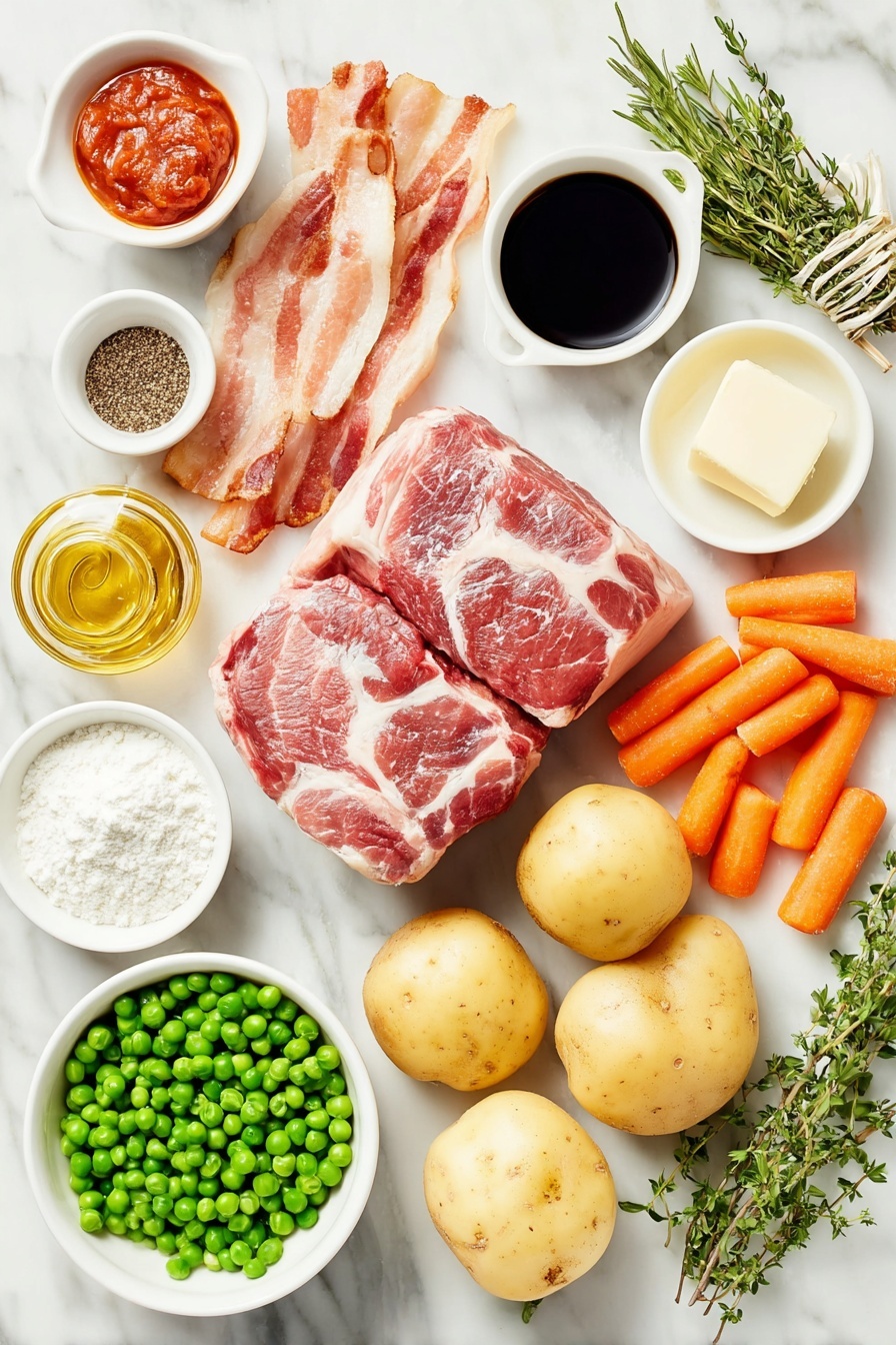 Flat lay of boneless leg of lamb cut into chunks, thick-cut bacon strips, a large yellow onion diced, peeled medium carrots cut into diagonal pieces, halved baby gold potatoes, six sprigs of fresh thyme tied in a bundle, a small white bowl of tomato paste, a small white bowl of minced garlic, a small white bowl of dry red wine, a small white bowl of beef stock, a small white bowl of red wine vinegar, a small white bowl of unsalted butter, a small white bowl of all-purpose flour, a small white bowl of kosher salt, a small white bowl of ground black pepper, a small white bowl of frozen green peas, and a few sprigs of fresh chopped parsley, all arranged symmetrically on a clean white ceramic surface placed on a clean white marble surface, soft natural light, photo taken with an iPhone, professional food photography style, fresh ingredients, white ceramic bowls, no bottles, no duplicates, no utensils, no packaging --ar 2:3 --v 7 --p m7354615311229779997 - Hearty Lamb Stew with Potatoes and Carrots, lamb stew recipe, comforting lamb stew, easy lamb stew, savory beef and vegetable stew