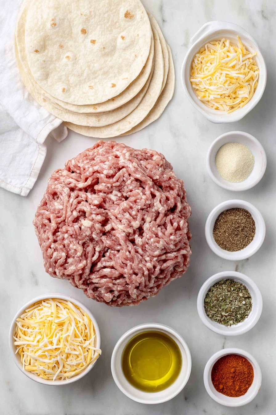 Flat lay of one pound of fresh lean ground beef formed into a loose ball, six small soft flour tortillas stacked beside it, a small white ceramic bowl filled with vibrant orange-red chili powder, another small bowl containing earthy ground cumin, a third bowl holding rich smoked paprika, a fourth bowl with pale garlic powder, a fifth bowl showcasing fine onion powder, a sixth bowl with greenish dried oregano flakes, a tiny bowl of bright red cayenne pepper, a small bowl of coarse kosher salt crystals, a small bowl of ground black pepper, a small white ceramic bowl filled with finely shredded Mexican cheese blend in yellow, white, and orange hues, and a small bowl holding a clear golden cooking oil, all arranged in perfect symmetry on a clean white marble surface, soft natural light, photo taken with an iPhone, professional food photography style, fresh ingredients, white ceramic bowls, no bottles, no duplicates, no utensils, no packaging --ar 2:3 --v 7 --p m7354615311229779997 - Smash Tacos with Ground Beef and Cheese, Crispy beef tacos, quick ground beef tacos, cheesy taco recipe, easy taco ideas
