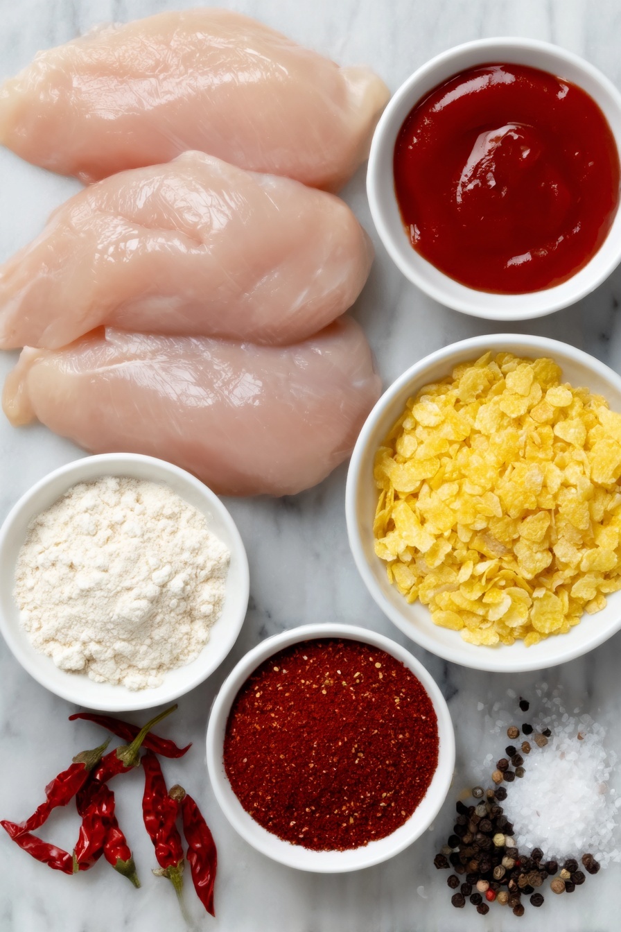 Flat lay of six raw boneless skinless chicken breasts, pounded to an even thickness, a small white bowl of buttermilk, a small white bowl of bright red hot sauce, a small white bowl filled with pale all-purpose flour, a small white bowl heaped with golden crushed corn flakes mixed with deep red paprika and assorted finely ground spices, a few scattered whole paprika pods and black peppercorns, a small heap of kosher salt crystals, all arranged symmetrically on a clean white ceramic surface, placed on a clean white marble surface, soft natural light, photo taken with an iPhone, professional food photography style, fresh ingredients, white ceramic bowls, no bottles, no duplicates, no utensils, no packaging --ar 2:3 --v 7 --p m7354615311229779997 - Oven-Baked Breaded Chicken Breast, crispy baked chicken, healthy baked chicken recipes, baked chicken dinner ideas, easy oven chicken recipes