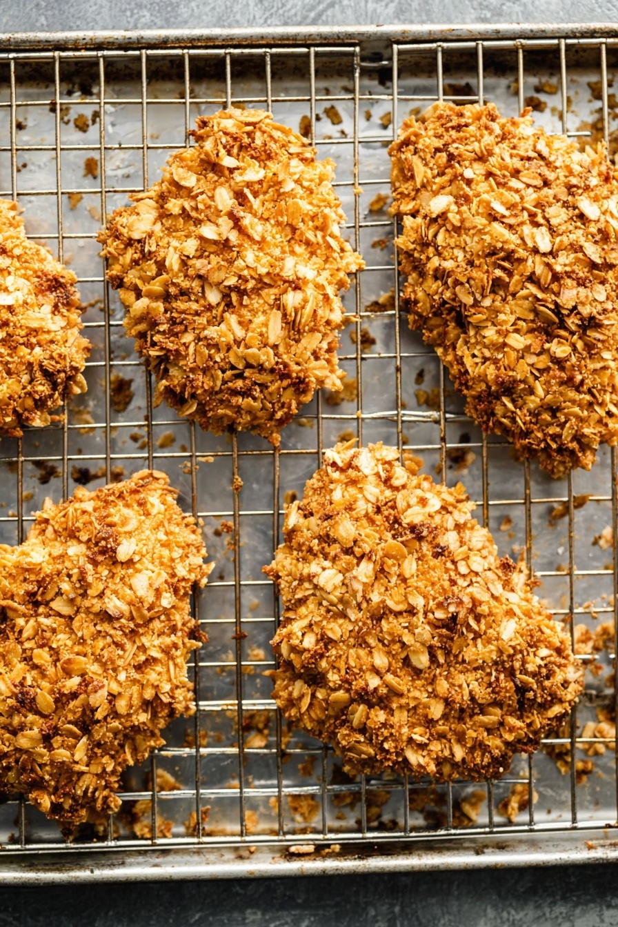 The image shows five large, unevenly shaped crispy pieces placed on a metal wire rack over a baking tray. Each piece is covered in a thick, rough layer of golden-brown crunchy flakes, with visible texture made of small chunks and crumbs. The baking tray and wire rack beneath are silver-gray, with scattered crumbs around the pieces. The overall look is crunchy and toasted, with the pieces spread out evenly. Photo taken with an iphone --ar 2:3 --v 7 - Oven-Baked Breaded Chicken Breast, crispy baked chicken, healthy baked chicken recipes, baked chicken dinner ideas, easy oven chicken recipes