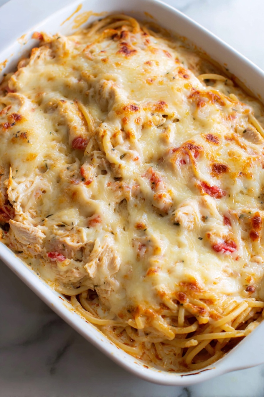 The image shows a white baking dish filled with a creamy spaghetti casserole. The dish has two main layers: the bottom layer is spaghetti mixed with chunks of light beige chicken and small pieces of red tomato, all covered in a light creamy sauce with herbs. The top layer is a golden-brown melted cheese that covers the spaghetti, with some browned spots scattered unevenly. A metal spoon is scooping out a portion, revealing the creamy pasta and chicken inside against a white marbled background. photo taken with an iphone --ar 2:3 --v 7 - Creamy Chicken Spaghetti Bake, Chicken and Spaghetti Casserole, Easy Chicken Pasta Bake, Cheesy Chicken Pasta, Comfort Food Spaghetti Bake
