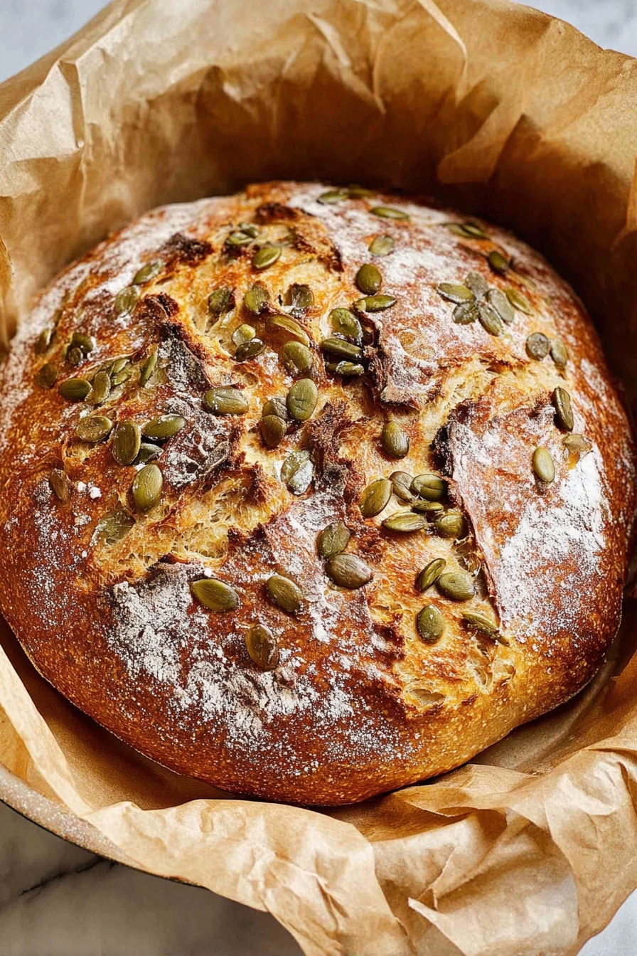 A round loaf of bread with a golden brown crust sits inside a white pot lined with light brown parchment paper. The bread’s crust is cracked with white flour dusted on some parts, and toasted pumpkin seeds are scattered well on top. The pot has two side handles and rests on a white marbled surface. photo taken with an iphone --ar 2:3 --v 7 - No Knead Potato Bread, easy no knead bread recipe, homemade potato bread, fluffy bread with potatoes, beginner bread baking recipe