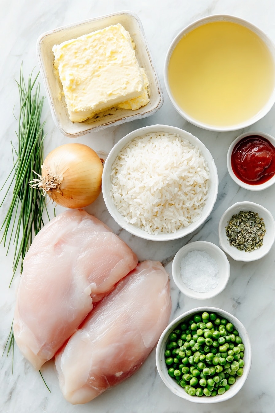 Flat lay of unsalted butter in a small white ceramic bowl, a medium yellow onion whole and unpeeled, two raw boneless skinless chicken breasts, a small white bowl filled with uncooked long grain rice, a small white bowl of clear golden chicken broth, a small white bowl of clear water, a small white bowl of freshly squeezed lemon juice, a small white bowl of bright red hot sauce, a small white bowl filled with fresh green peas, and a few fresh chive stems placed neatly, all arranged with perfect symmetry and balanced proportions, placed on a clean white marble surface, soft natural light, photo taken with an iPhone, professional food photography style, fresh ingredients, white ceramic bowls, no bottles, no duplicates, no utensils, no packaging --ar 2:3 --v 7 --p m7354615311229779997 - Lemon Chicken Rice Soup, Lemon Chicken Soup, Healthy Chicken Soup, Easy Lemon Soup, Comforting Chicken and Rice Soup